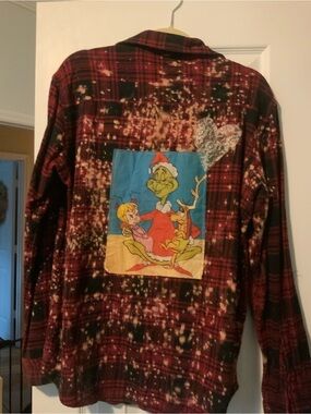Upcycled & Bleached PD&C Red & Black Plaid Button-Down with Grinch Back Patch